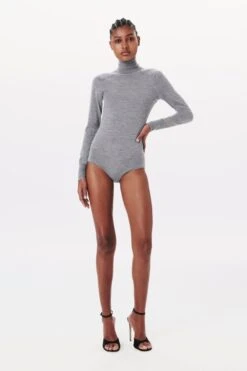 Victoria Beckham Poloneck Bodysuit In Grey Marl