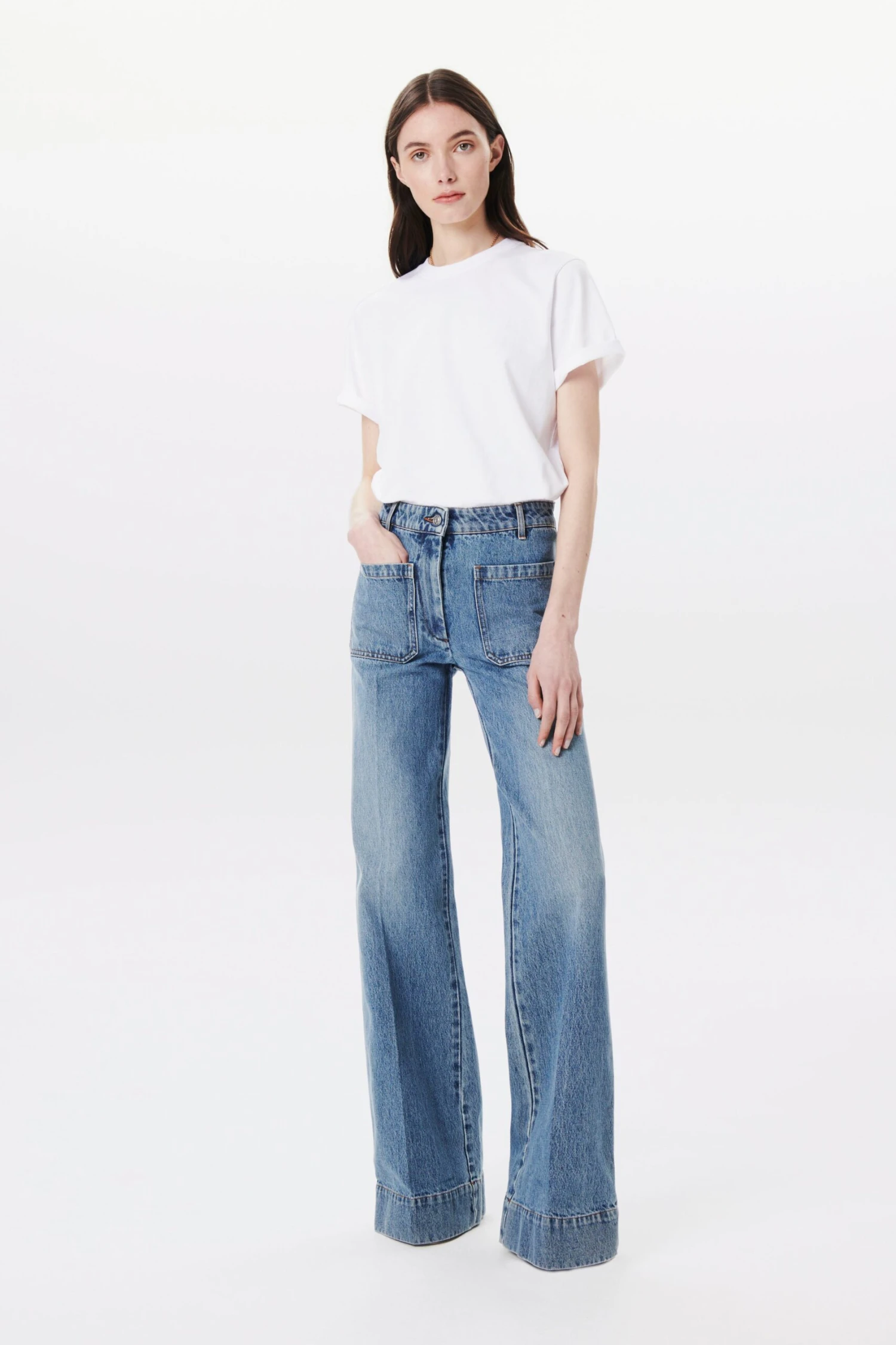Victoria Beckham Alina High Waisted Patch Pocket Jean In Marble Wash 1 Victoria Beckham Alina High Waisted Patch Pocket Jean In Marble Wash