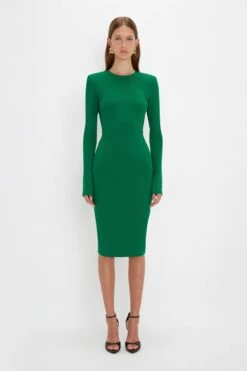 Victoria Beckham Long Sleeve T-Shirt Fitted Dress In Emerald