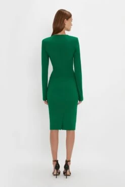 Victoria Beckham Long Sleeve T-Shirt Fitted Dress In Emerald -Victoria Beckham 20230911 VB029