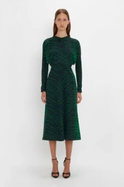 Victoria Beckham Dolman Midi Dress In Green-Navy Tiger Print