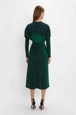 Victoria Beckham Dolman Midi Dress In Green-Navy Tiger Print -Victoria Beckham 20230911 VB041