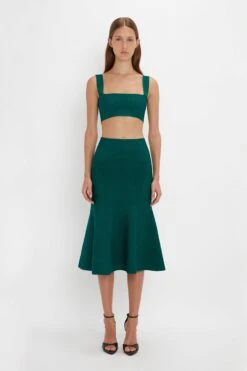 Victoria Beckham VB Body Flared Skirt In Lurex Green