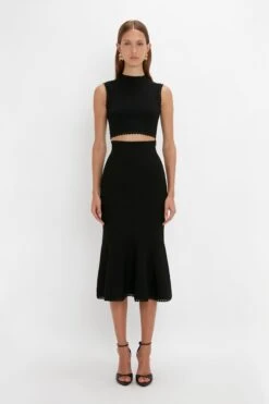Victoria Beckham VB Body Scallop Trim Flared Skirt In Black