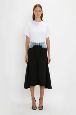 Victoria Beckham Patched Denim Skirt In Contrast Wash