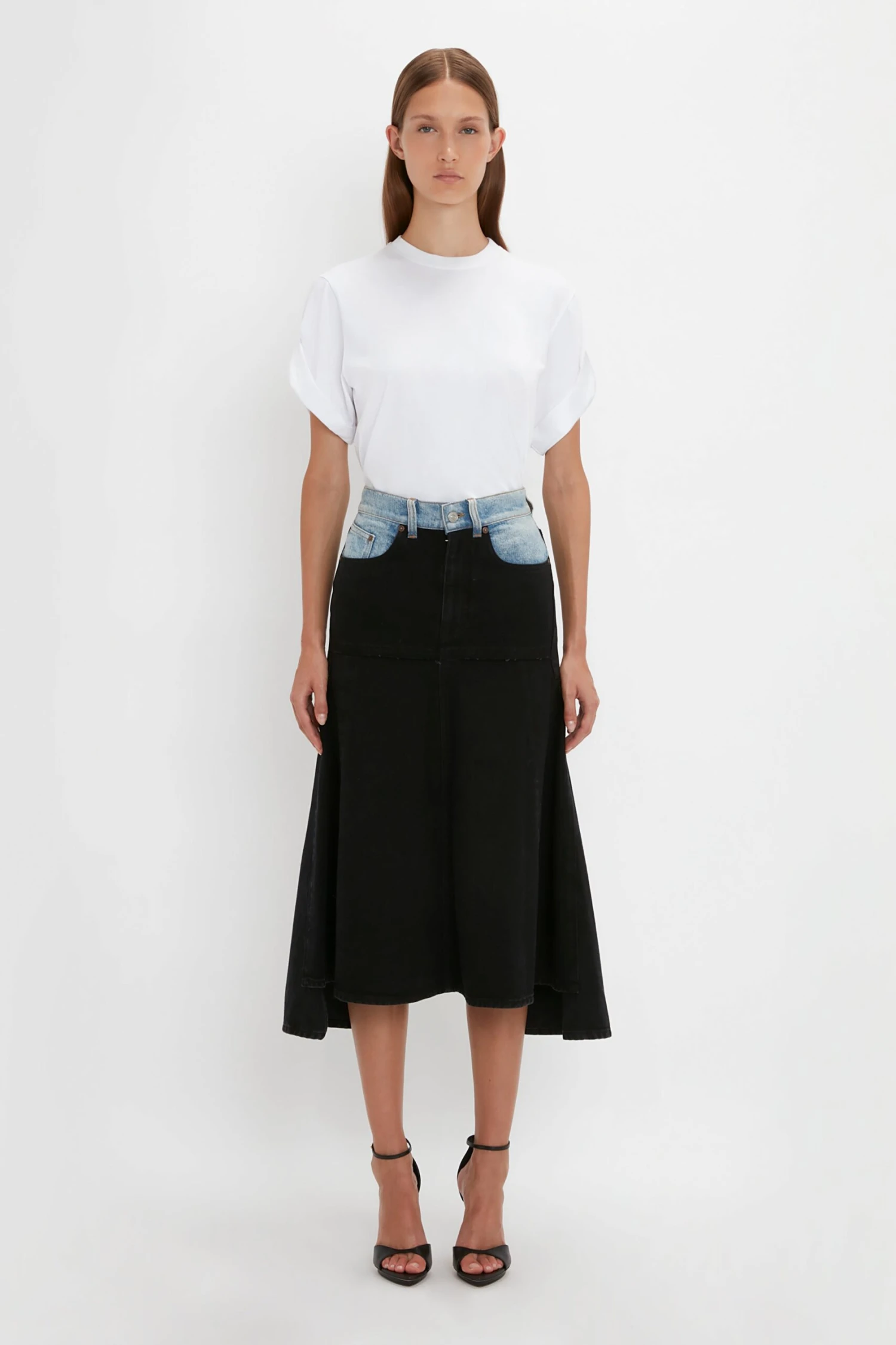 Victoria Beckham Patched Denim Skirt In Contrast Wash 1 Victoria Beckham Patched Denim Skirt In Contrast Wash