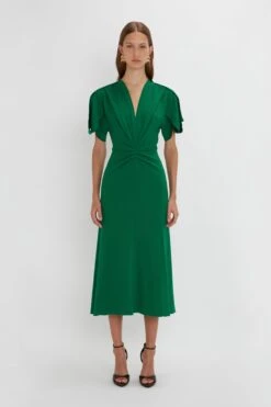 Victoria Beckham Gathered V-Neck Midi Dress In Emerald