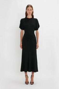 Victoria Beckham Gathered Waist Midi Dress In Black