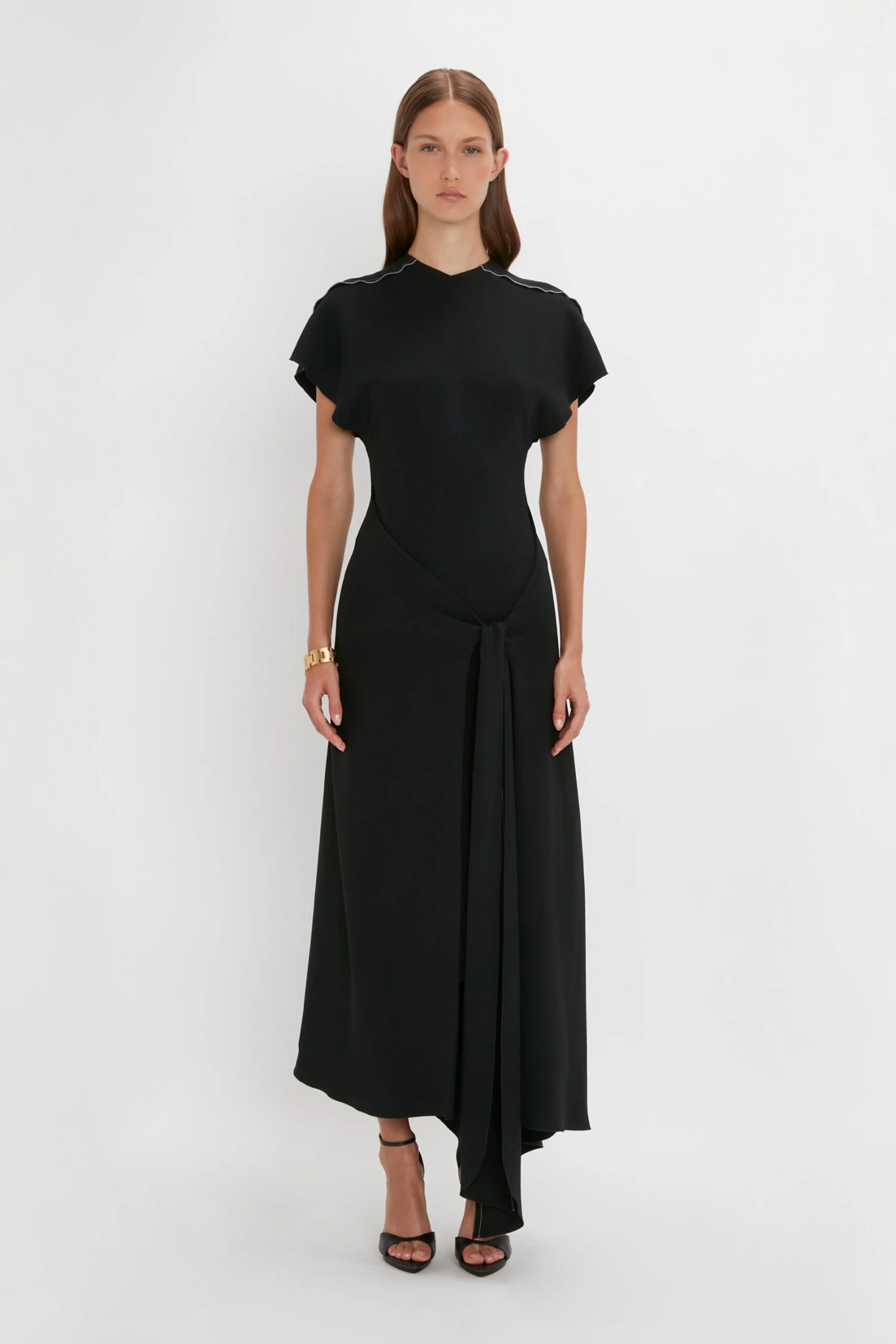 Victoria Beckham Short Sleeve Tie Detail Dress In Black 1 Victoria Beckham Short Sleeve Tie Detail Dress In Black