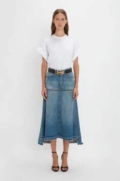 Victoria Beckham Patched Denim Skirt In Vintage Wash