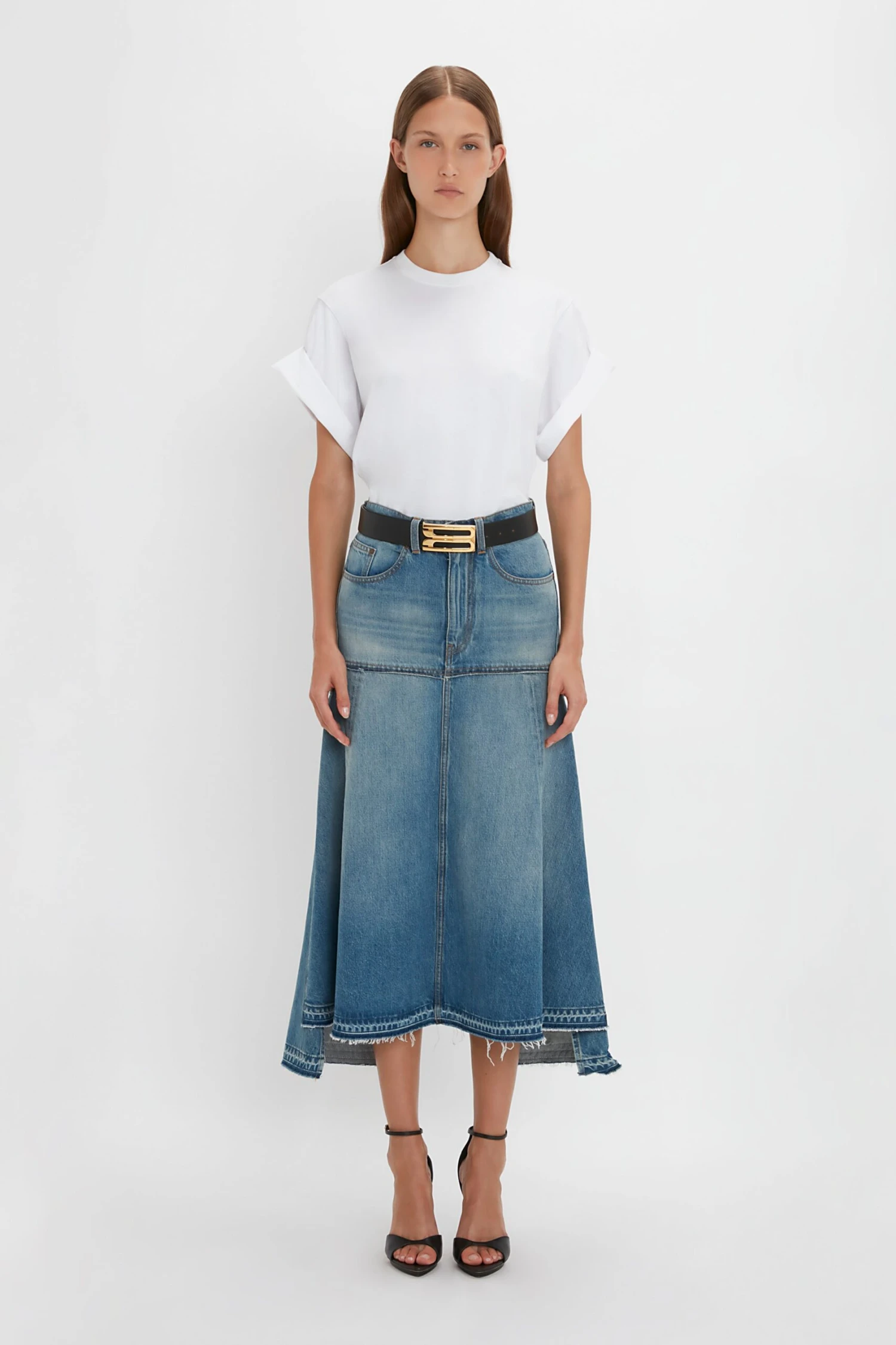 Victoria Beckham Patched Denim Skirt In Vintage Wash 1 Victoria Beckham Patched Denim Skirt In Vintage Wash