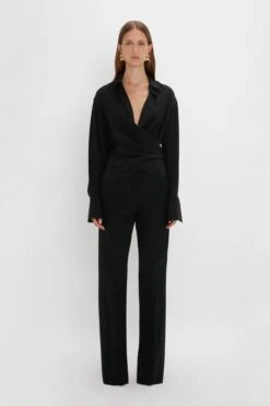 Victoria Beckham Satin Panel Straight Leg Trouser