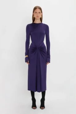 Victoria Beckham Long Sleeve Gathered Midi Dress In Ultraviolet