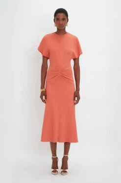 Victoria Beckham Gathered Waist Midi Dress In Papaya
