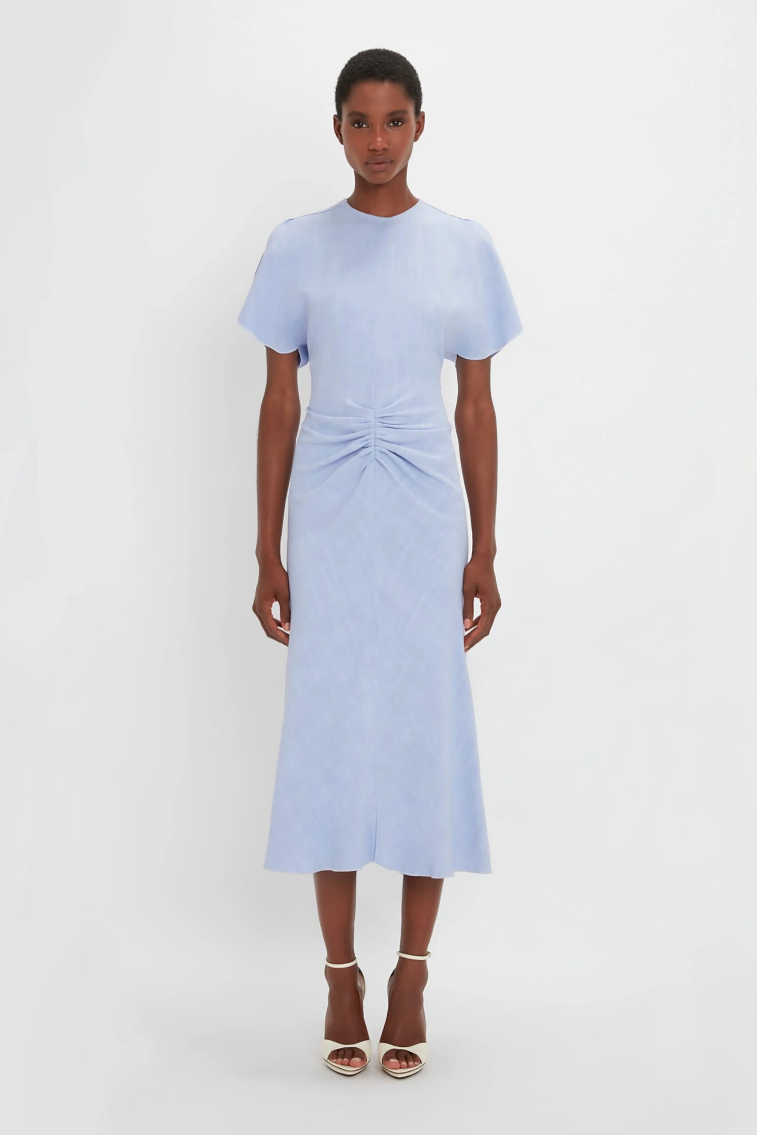 Victoria Beckham Gathered Waist Midi Dress In Frost 1 Victoria Beckham Gathered Waist Midi Dress In Frost