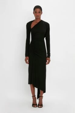 Victoria Beckham Slash-Neck Ruched Midi Dress In Black