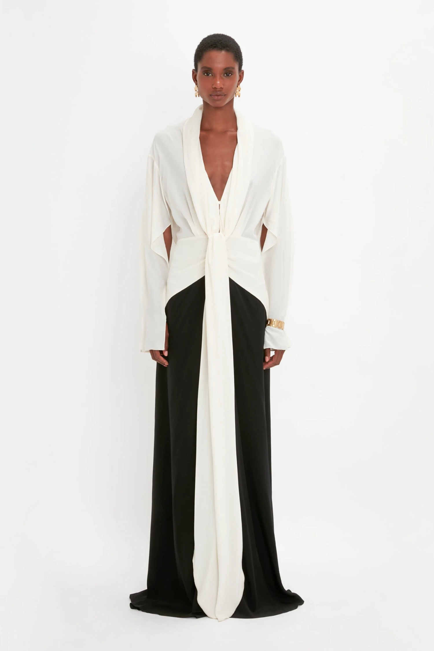 Victoria Beckham Tie Detail Gown In Vanilla-Black 1 Victoria Beckham Tie Detail Gown In Vanilla-Black