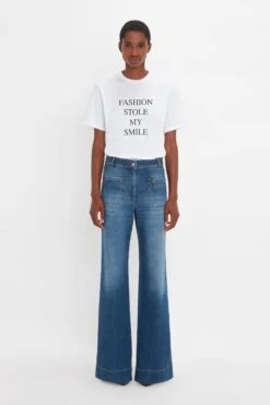 Victoria Beckham Fashion Stole My Smile Slogan T-Shirt In White