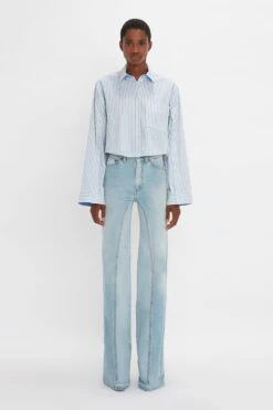 Victoria Beckham Button Detail Cropped Shirt In Chamomile Blue Stripe