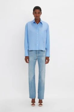 Victoria Beckham Cropped Long Sleeve Shirt In Oxford Blue