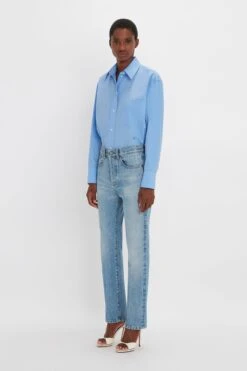 Victoria Beckham Cropped Long Sleeve Shirt In Oxford Blue -Victoria Beckham 20230914 VB 145