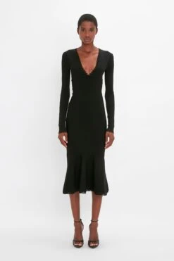 Victoria Beckham VB Body Long Sleeve V Neck Dress In Black