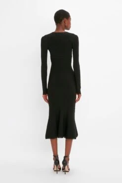 Victoria Beckham VB Body Long Sleeve V Neck Dress In Black -Victoria Beckham 20230914 VB 274