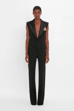 Victoria Beckham Sleeveless Tuxedo Jumpsuit In Black