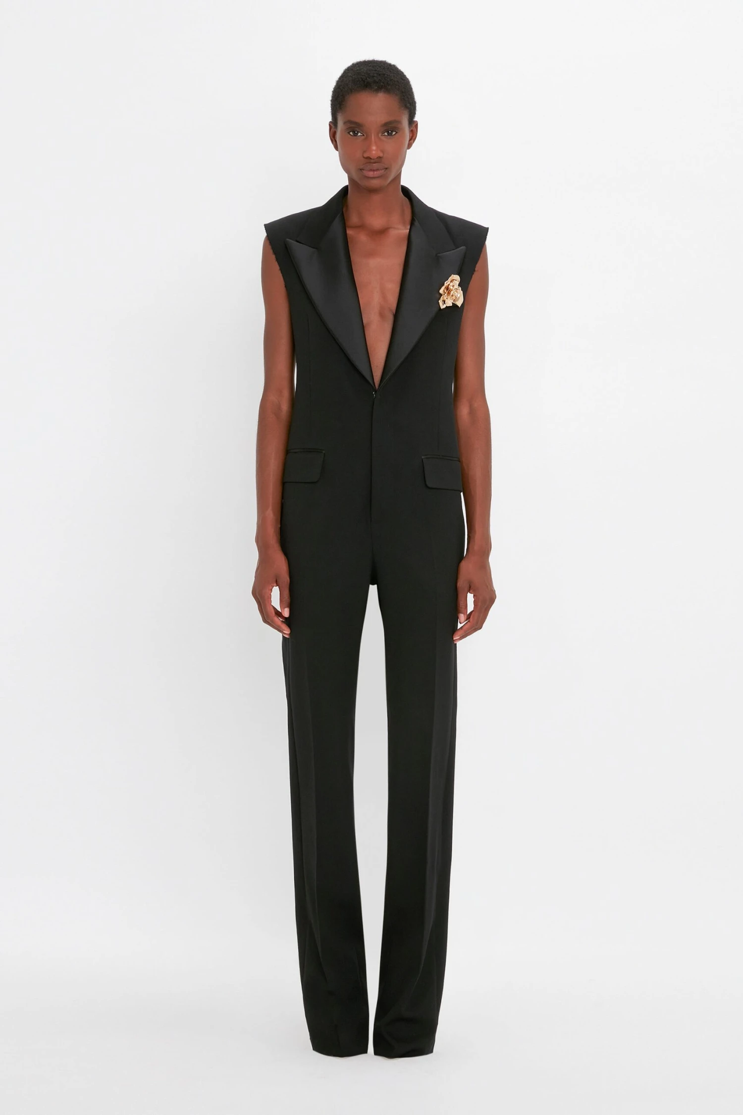 Victoria Beckham Sleeveless Tuxedo Jumpsuit In Black 1 Victoria Beckham Sleeveless Tuxedo Jumpsuit In Black