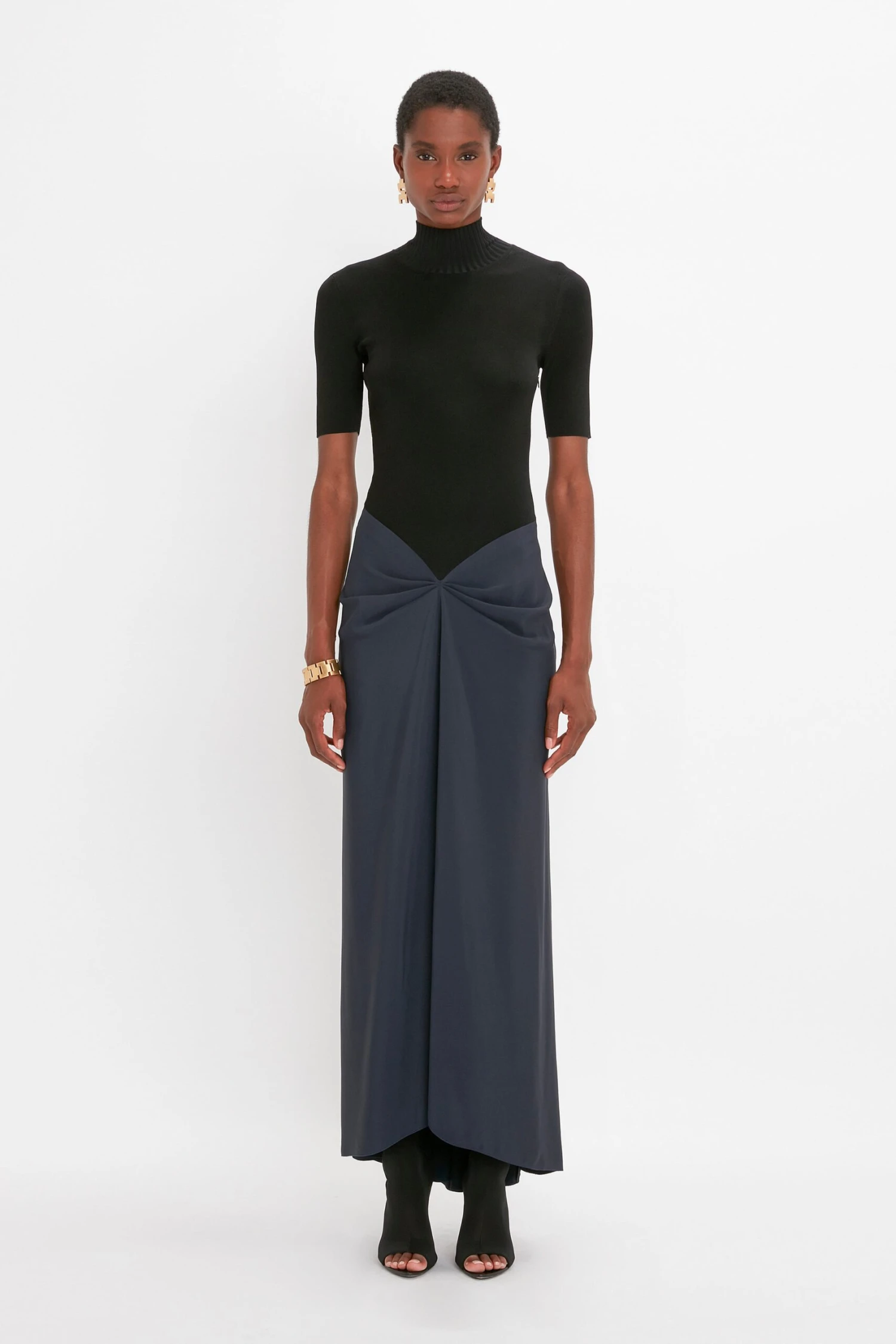 Victoria Beckham Polo Neck Gathered Dress In Midnight 1 Victoria Beckham Polo Neck Gathered Dress In Midnight