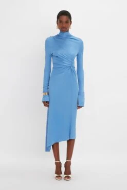 Victoria Beckham High Neck Asymmetric Draped Dress In Oxford Blue