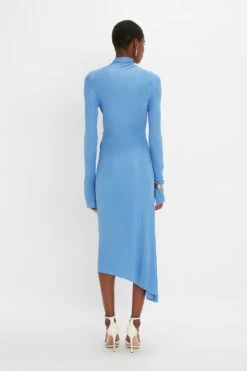 Victoria Beckham High Neck Asymmetric Draped Dress In Oxford Blue -Victoria Beckham 20230914 VB 361