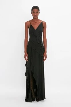 Victoria Beckham Exclusive Asymmetric Bias Frill Dress In Black
