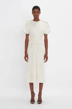 Victoria Beckham Gathered Waist Midi Dress In Cream
