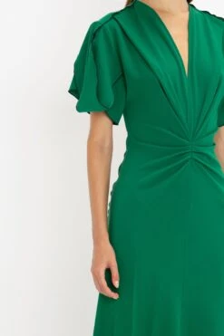 Victoria Beckham Gathered V-Neck Midi Dress In Emerald -Victoria Beckham 8K1A3735