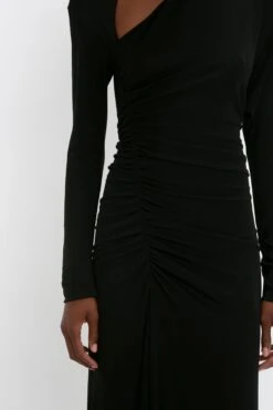 Victoria Beckham Slash-Neck Ruched Midi Dress In Black -Victoria Beckham 8K1A3956