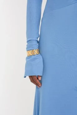 Victoria Beckham High Neck Asymmetric Draped Dress In Oxford Blue -Victoria Beckham 8K1A4112