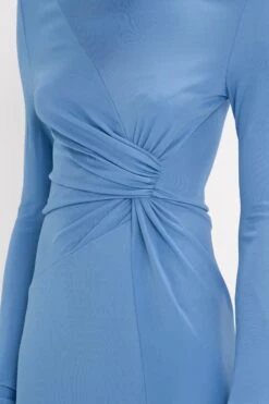 Victoria Beckham High Neck Asymmetric Draped Dress In Oxford Blue -Victoria Beckham 8K1A4113