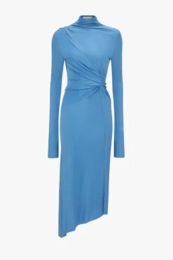 Victoria Beckham High Neck Asymmetric Draped Dress In Oxford Blue -Victoria Beckham UntitledSession4156