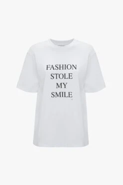 Victoria Beckham Fashion Stole My Smile Slogan T-Shirt In White -Victoria Beckham UntitledSession4211