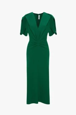 Victoria Beckham Gathered V-Neck Midi Dress In Emerald -Victoria Beckham UntitledSession4238 1