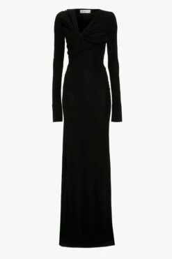 Victoria Beckham Tie Detail Floor-Length Dress In Black -Victoria Beckham UntitledSession4268