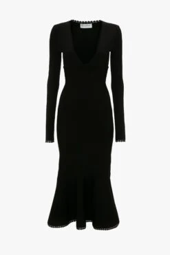 Victoria Beckham VB Body Long Sleeve V Neck Dress In Black -Victoria Beckham UntitledSession4295