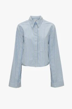 Victoria Beckham Button Detail Cropped Shirt In Chamomile Blue Stripe -Victoria Beckham UntitledSession4358