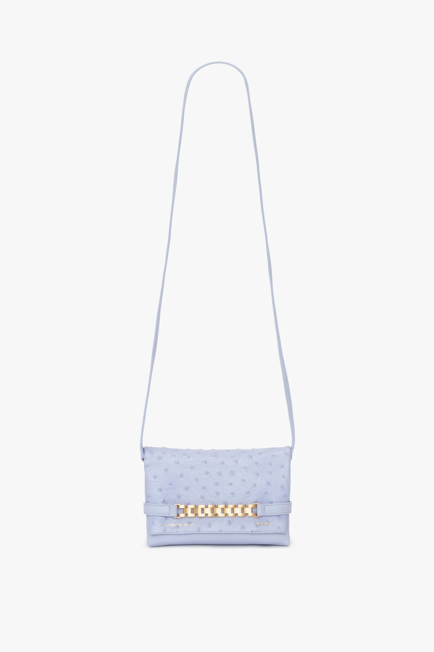 Victoria Beckham Mini Chain Pouch With Long Strap In Frost Ostrich-Effect Leather 1 Victoria Beckham Mini Chain Pouch With Long Strap In Frost Ostrich-Effect Leather