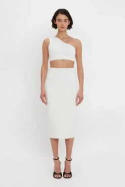 Victoria Beckham VB Body Fitted Midi Skirt In White