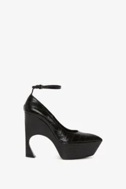 Victoria Beckham Ankle Strap Wedge Pump In Black Croc-Effect Leather