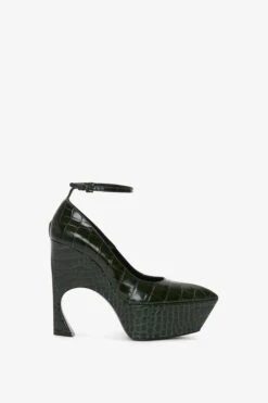 Victoria Beckham Ankle Strap Wedge Pump In Dark Green Croc-Effect Leather