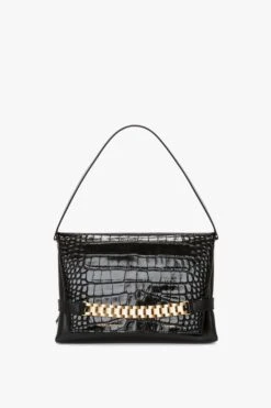 Victoria Beckham Chain Pouch With Strap In Black Croc-Effect Leather