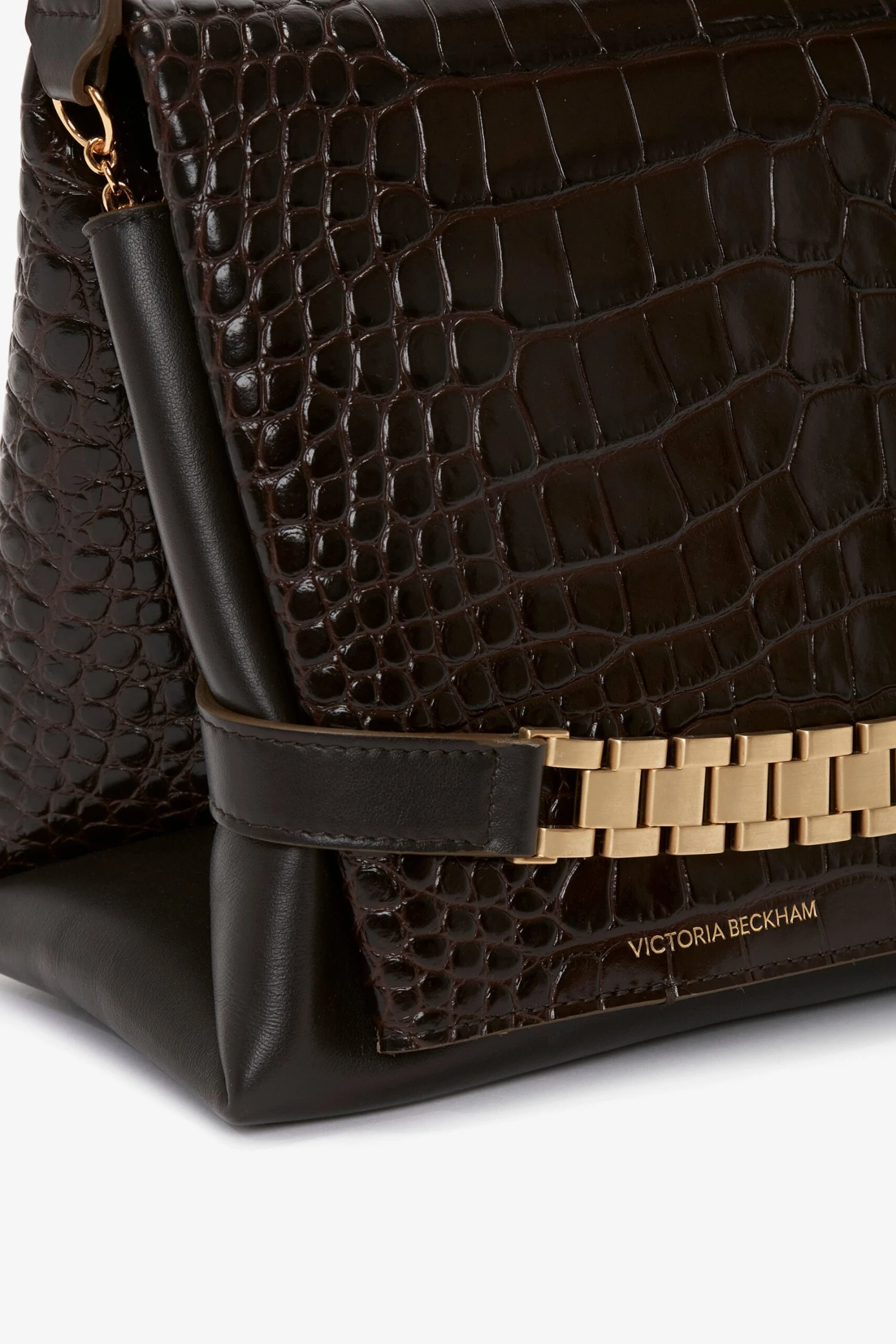 Victoria Beckham Chain Pouch With Strap In Chocolate Croc-Effect Leather 7 Victoria Beckham Chain Pouch With Strap In Chocolate Croc-Effect Leather - Image 7